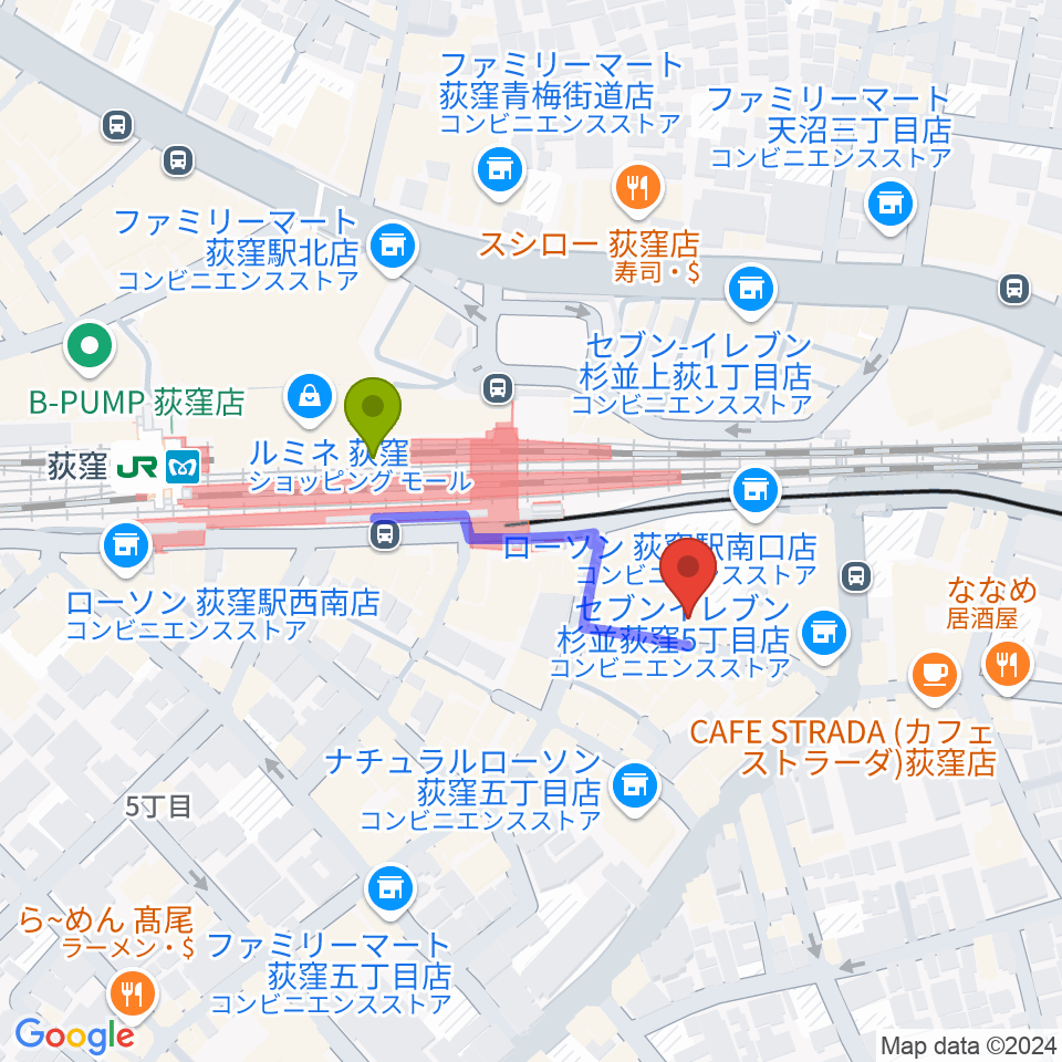 荻窪ミュージックセンターの最寄駅荻窪駅からの徒歩ルート（約3分）地図