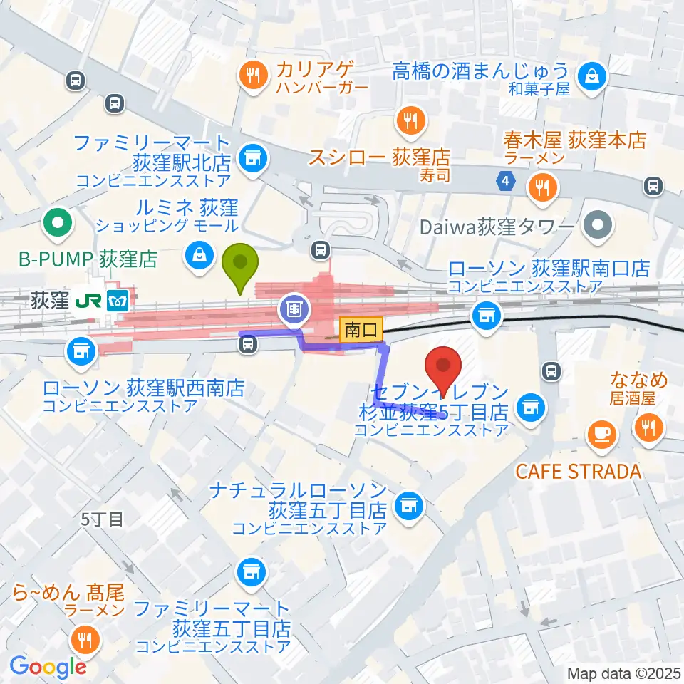 荻窪ミュージックセンターの最寄駅荻窪駅からの徒歩ルート（約3分）地図