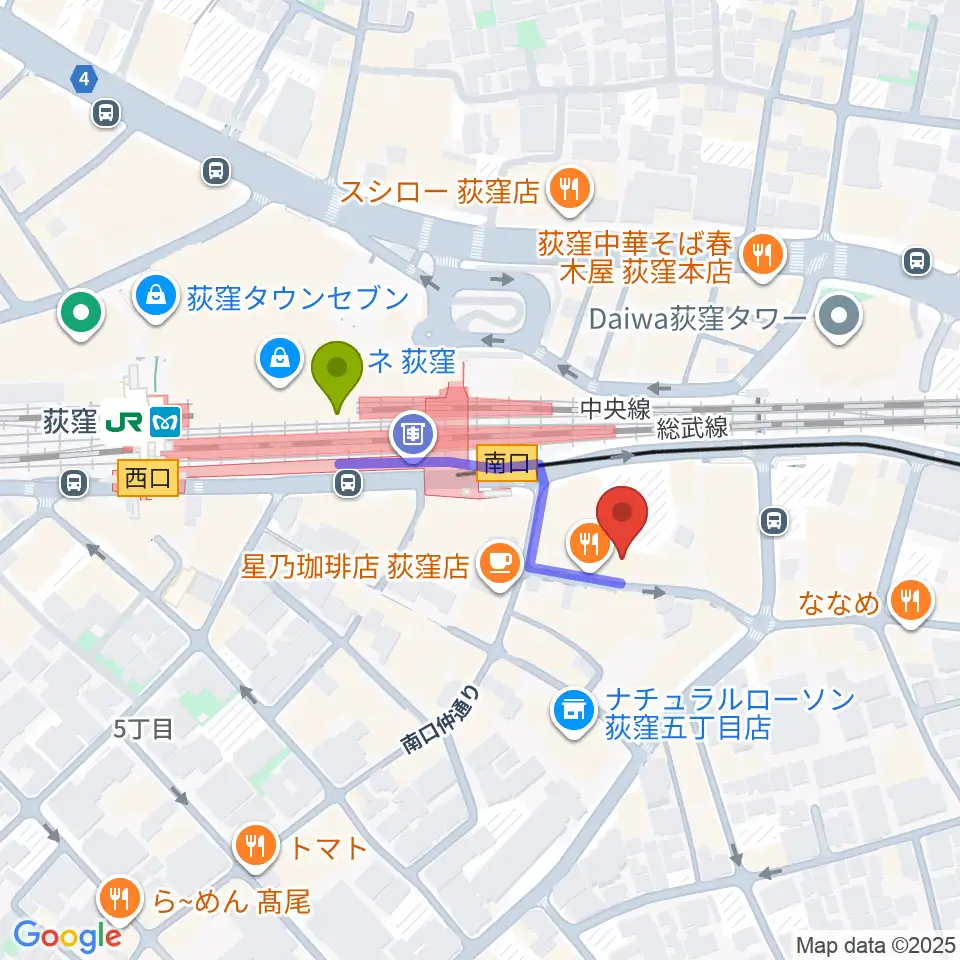 荻窪ミュージックセンターの最寄駅荻窪駅からの徒歩ルート（約3分）地図