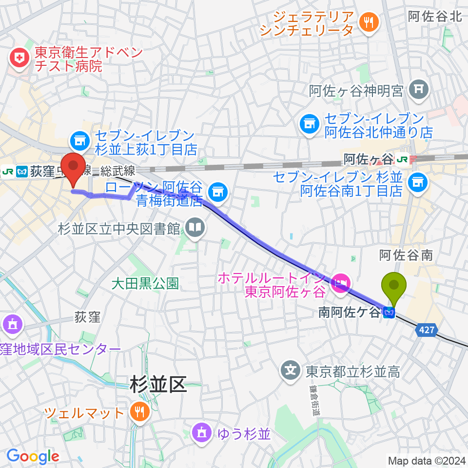 南阿佐ケ谷駅から荻窪ミュージックセンターへのルートマップ地図