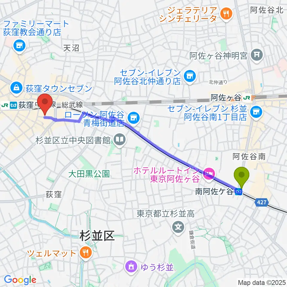 南阿佐ケ谷駅から荻窪ミュージックセンターへのルートマップ地図