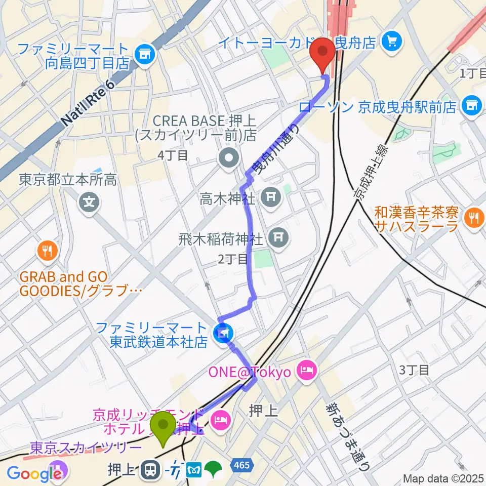 押上〈スカイツリー前〉駅からマット音楽教室 曳舟第一教室へのルートマップ地図