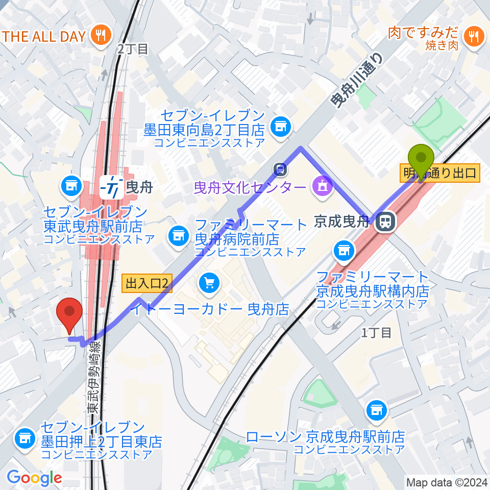 京成曳舟駅からマット音楽教室 曳舟第一教室へのルートマップ地図