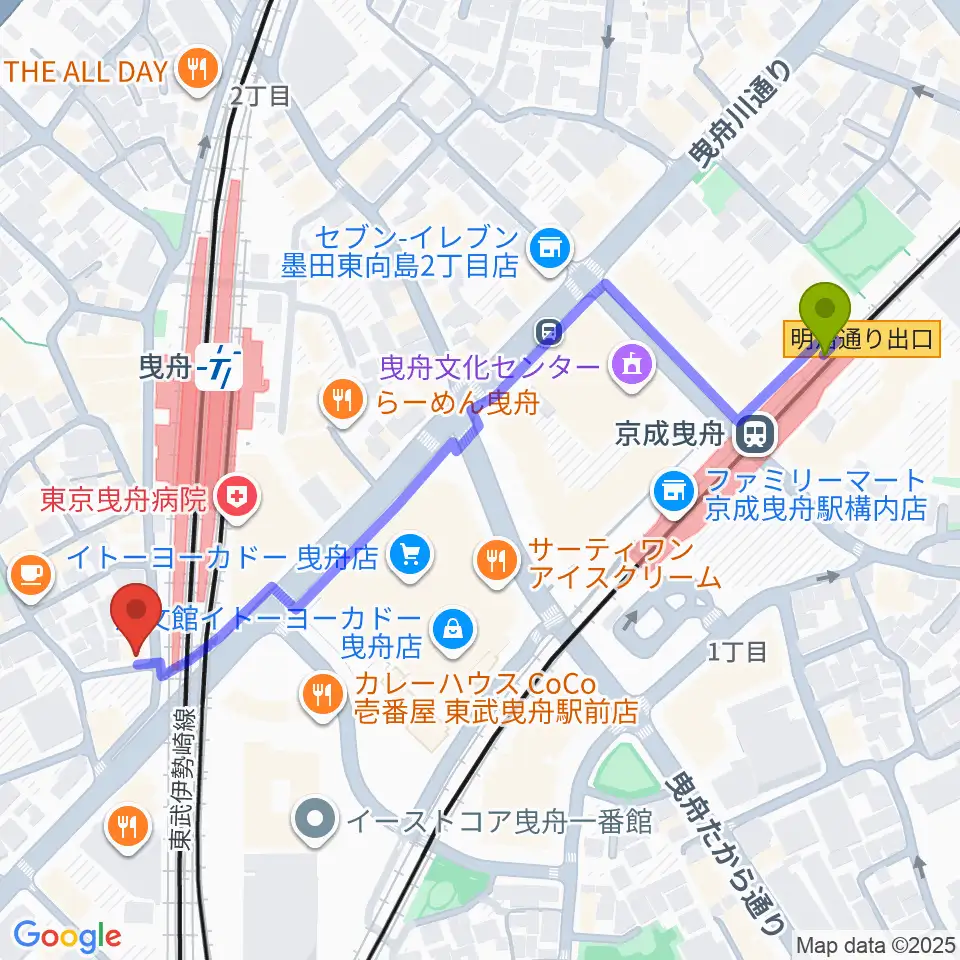 京成曳舟駅からマット音楽教室 曳舟第一教室へのルートマップ地図