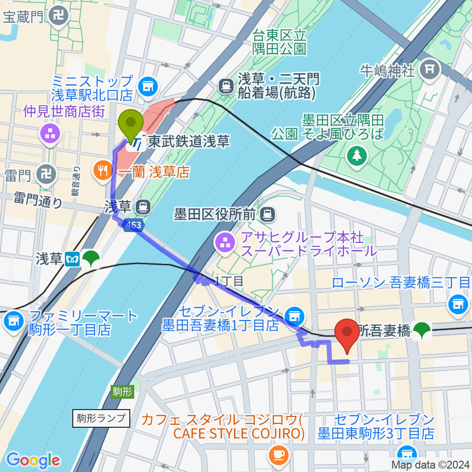 浅草駅から音楽の森アスパイアへのルートマップ地図