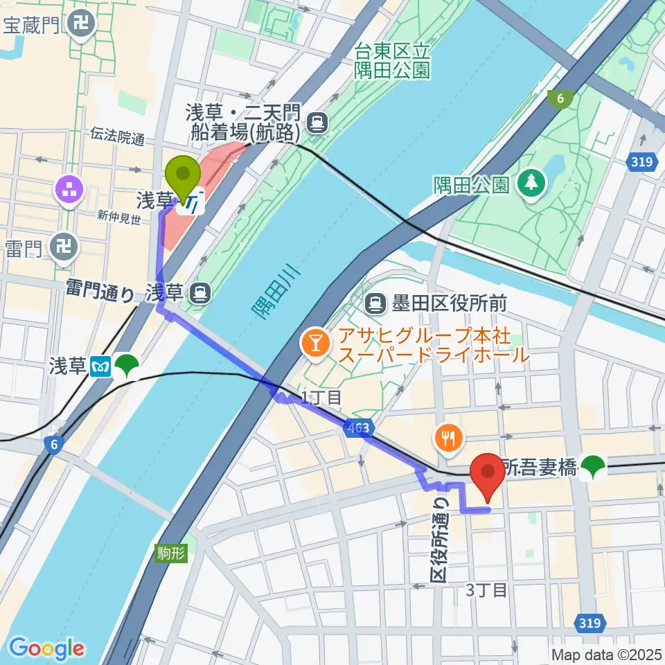 浅草駅から音楽の森アスパイアへのルートマップ地図