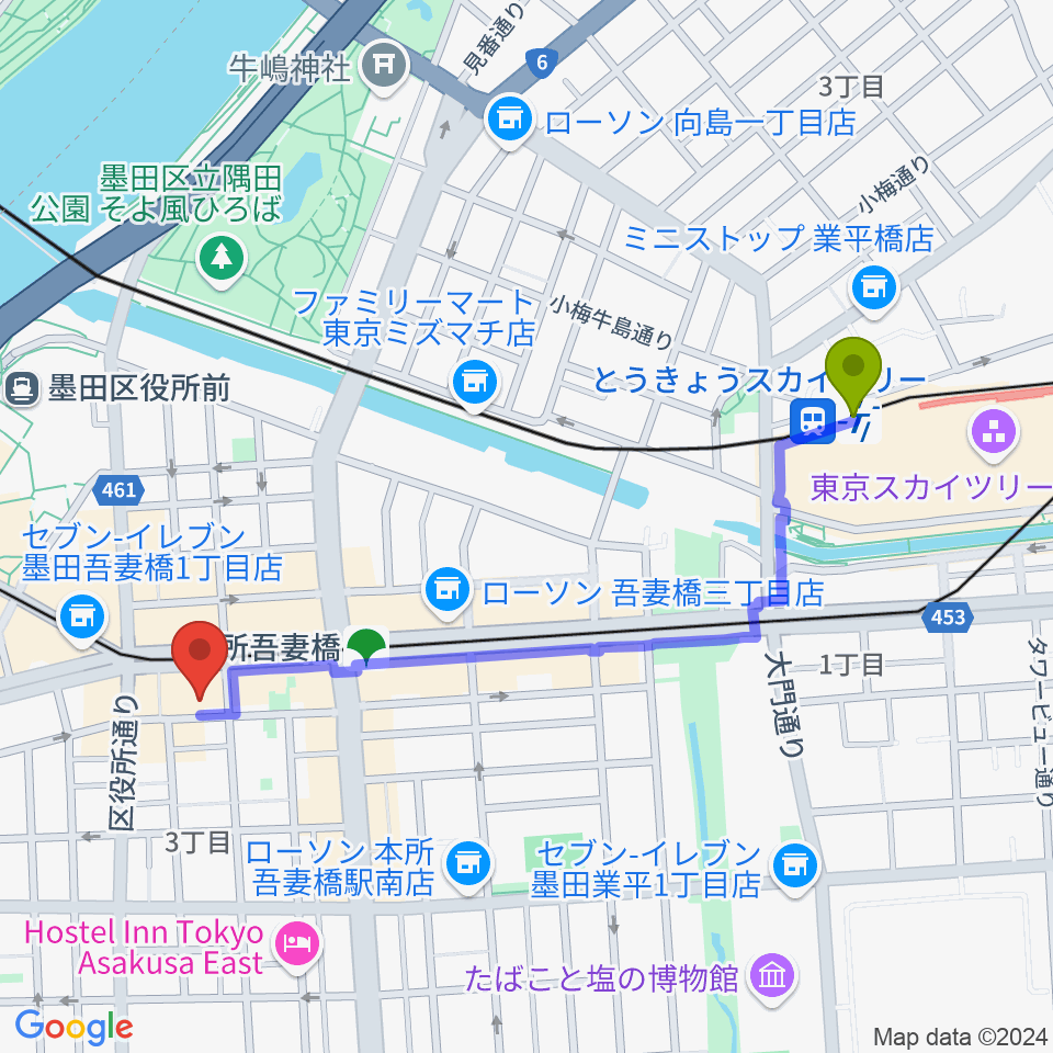 とうきょうスカイツリー駅から音楽の森アスパイアへのルートマップ地図