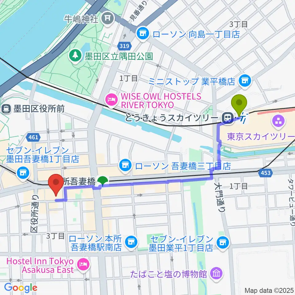 とうきょうスカイツリー駅から音楽の森アスパイアへのルートマップ地図