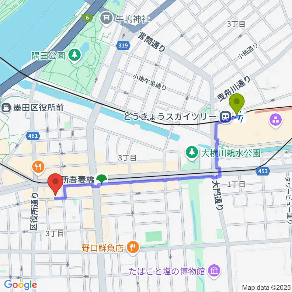 とうきょうスカイツリー駅から音楽の森アスパイアへのルートマップ地図