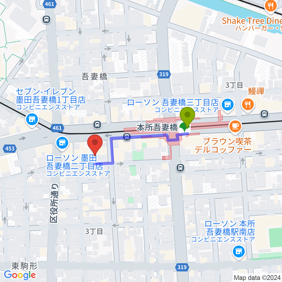 音楽の森アスパイアの最寄駅本所吾妻橋駅からの徒歩ルート（約3分）地図