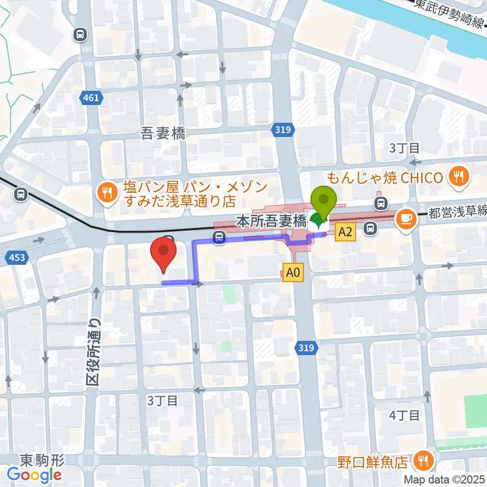 音楽の森アスパイアの最寄駅本所吾妻橋駅からの徒歩ルート（約3分）地図