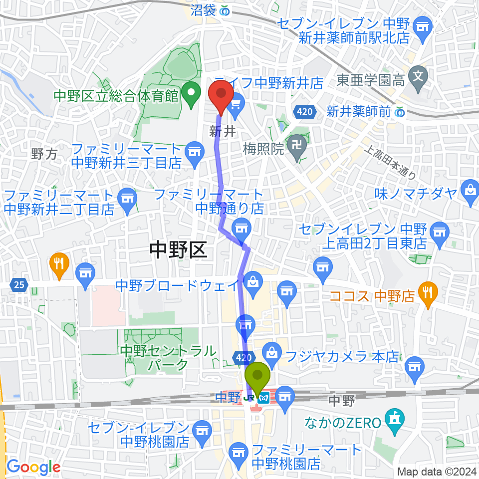 中野駅からヒロミュージックスクール沼袋校へのルートマップ地図