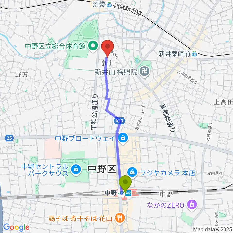 中野駅からヒロミュージックスクール沼袋校へのルートマップ地図