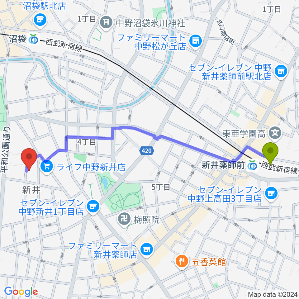 新井薬師前駅からヒロミュージックスクール沼袋校へのルートマップ地図