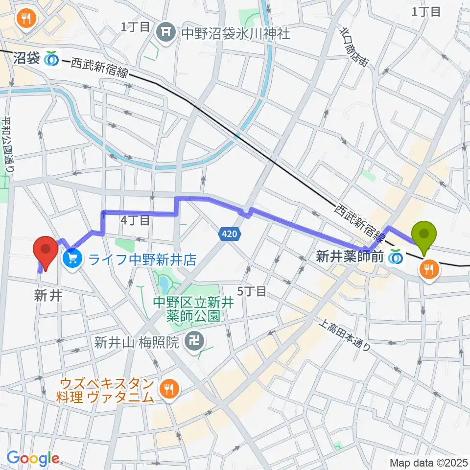 新井薬師前駅からヒロミュージックスクール沼袋校へのルートマップ地図