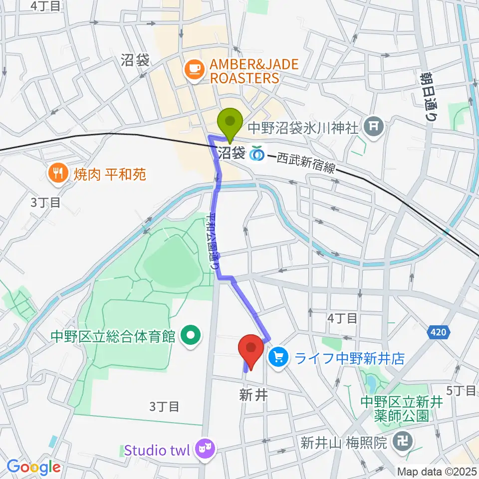 ヒロミュージックスクール沼袋校の最寄駅沼袋駅からの徒歩ルート（約7分）地図