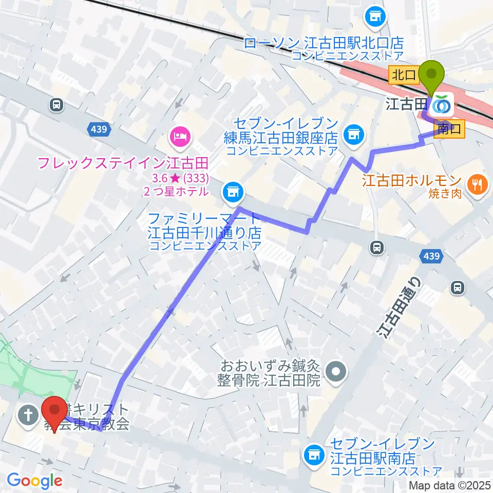 江古田駅から江古田Pスタジオへのルートマップ地図