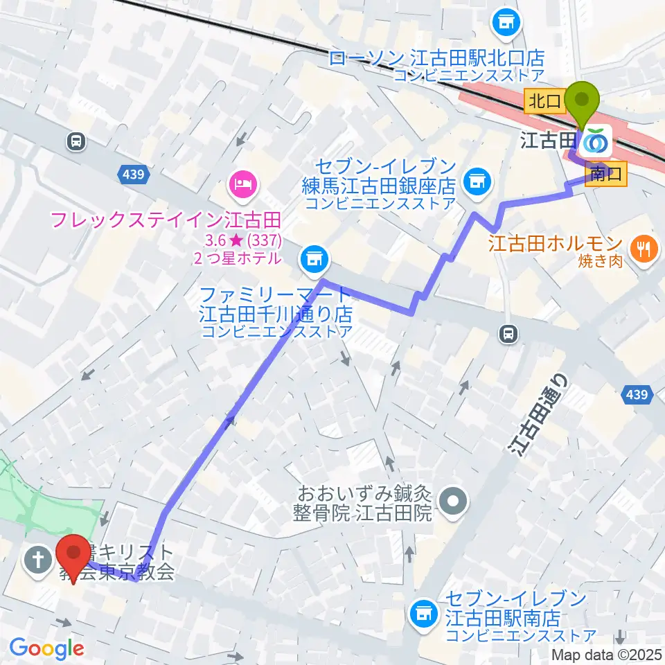 江古田駅から江古田Pスタジオへのルートマップ地図