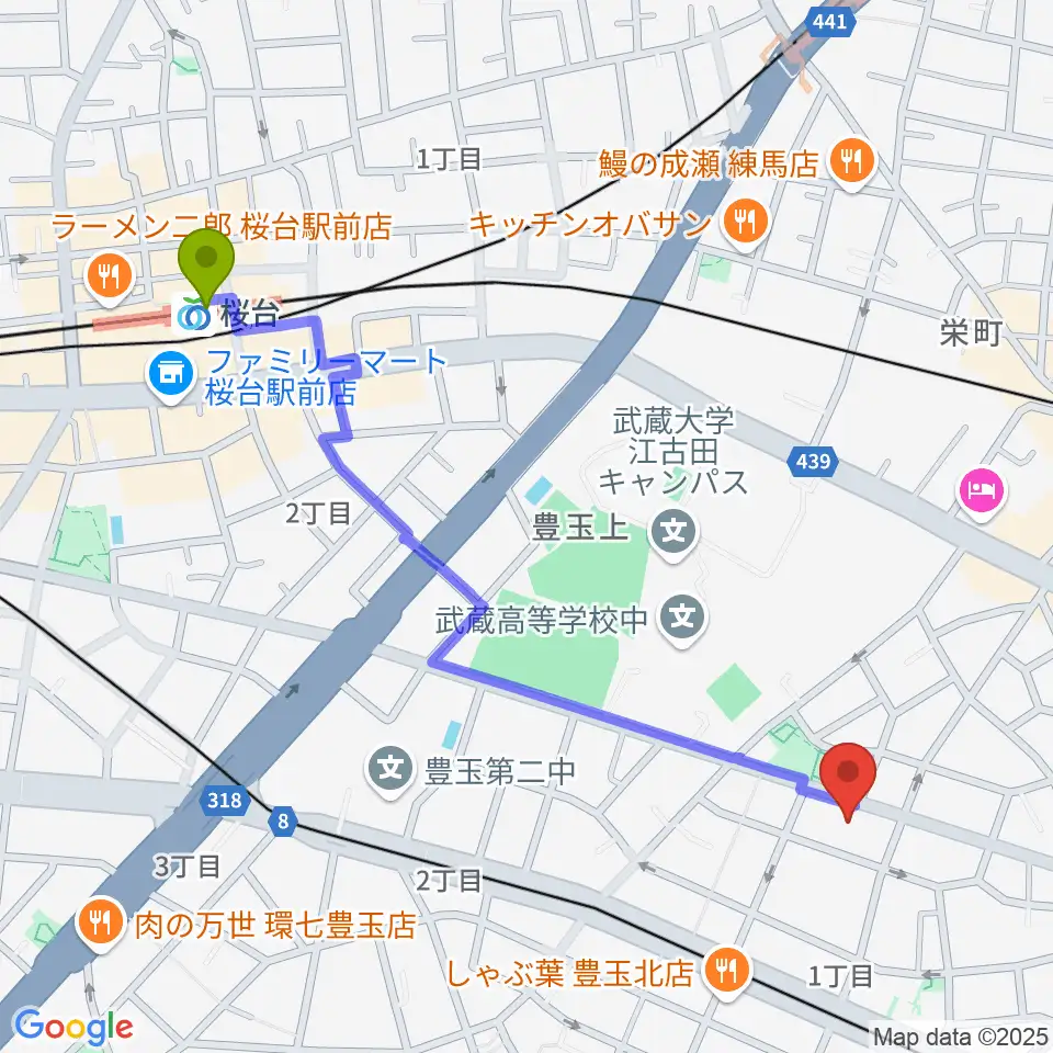 桜台駅から江古田Pスタジオへのルートマップ地図