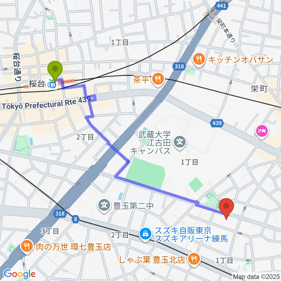 桜台駅から江古田Pスタジオへのルートマップ地図