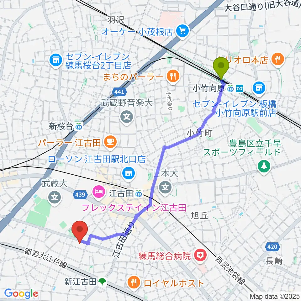 小竹向原駅から江古田Pスタジオへのルートマップ地図