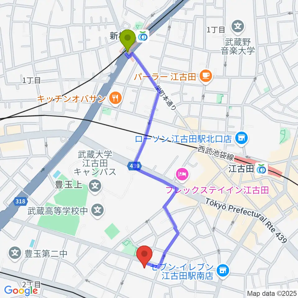 新桜台駅から江古田Pスタジオへのルートマップ地図