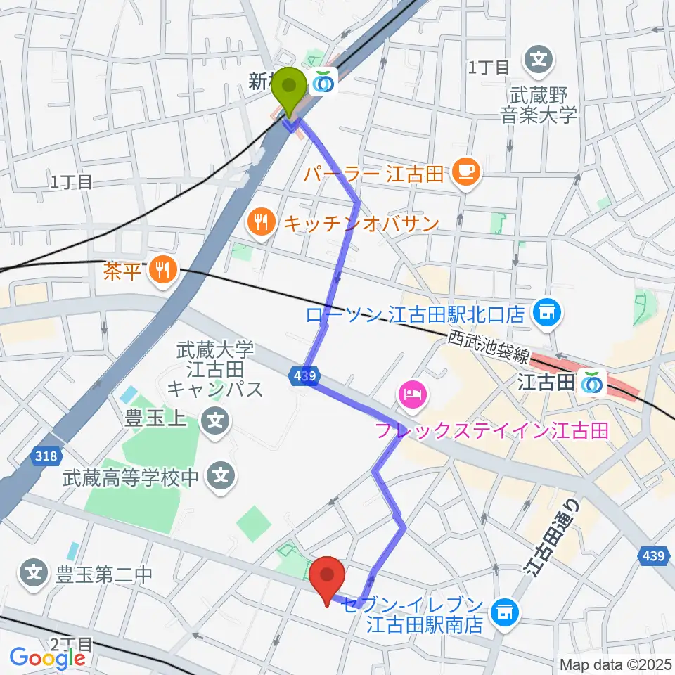 新桜台駅から江古田Pスタジオへのルートマップ地図