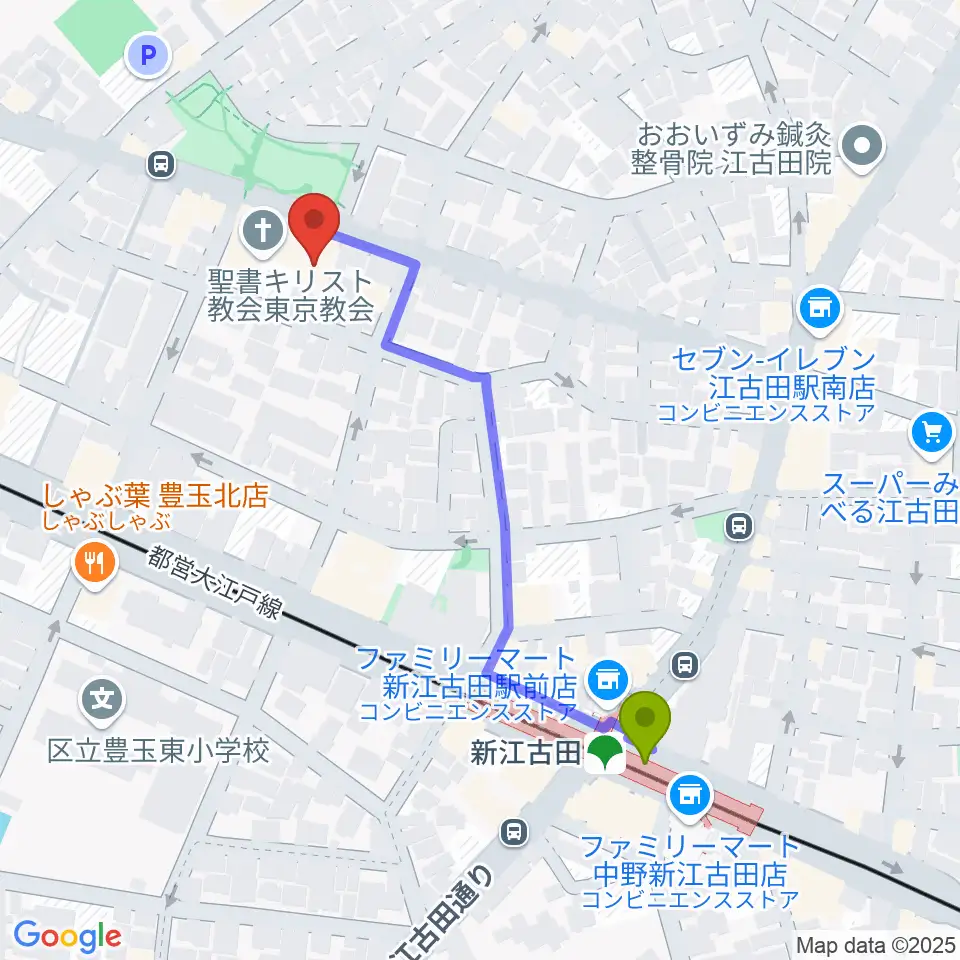 江古田Pスタジオの最寄駅新江古田駅からの徒歩ルート（約5分）地図