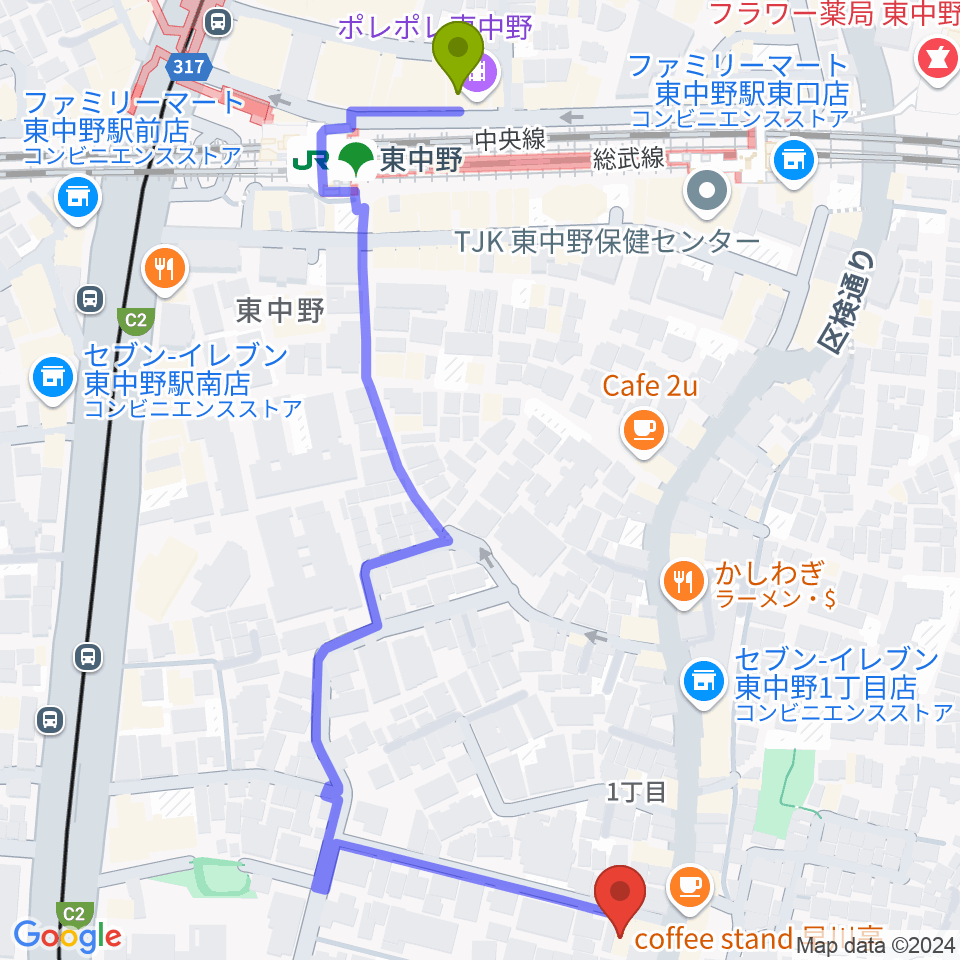 ミオンミュージックスクール東中野教室の最寄駅東中野駅からの徒歩ルート（約7分）地図