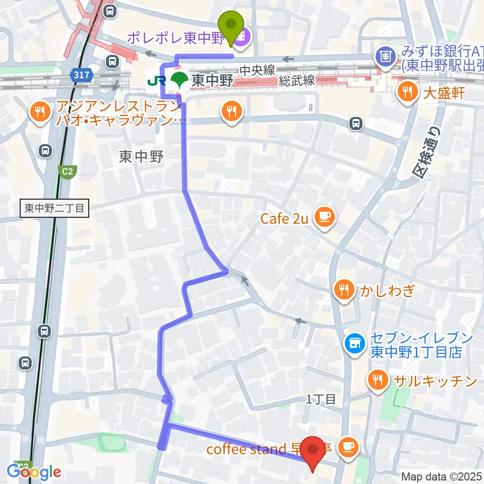 ミオンミュージックスクール東中野教室の最寄駅東中野駅からの徒歩ルート（約7分）地図