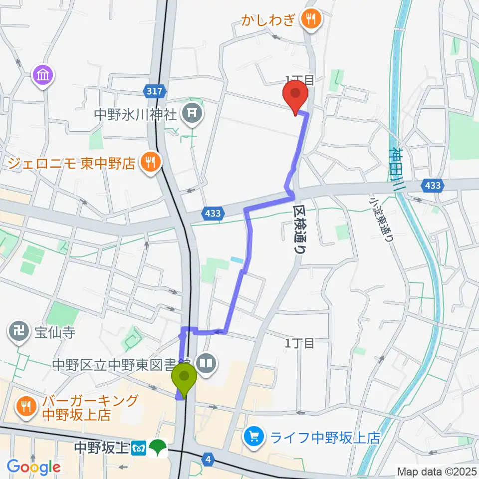 中野坂上駅からミオンミュージックスクール東中野教室へのルートマップ地図
