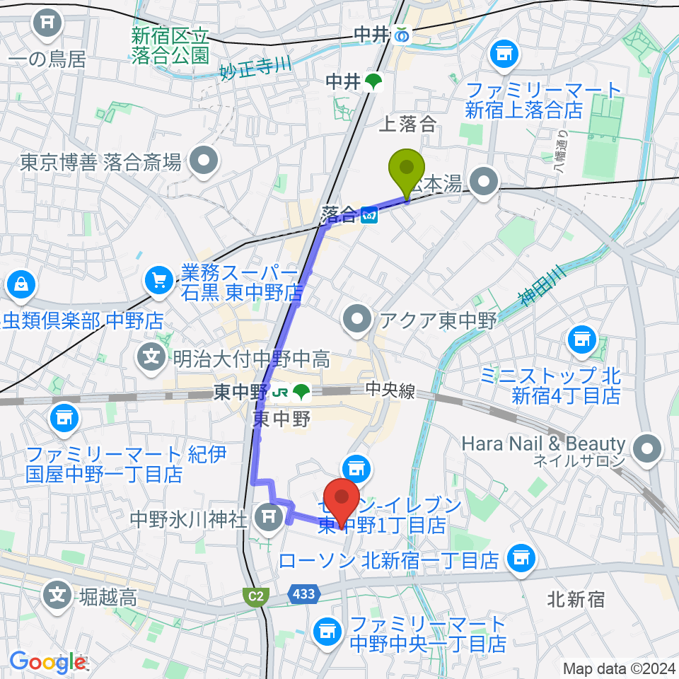 落合駅からミオンミュージックスクール東中野教室へのルートマップ地図