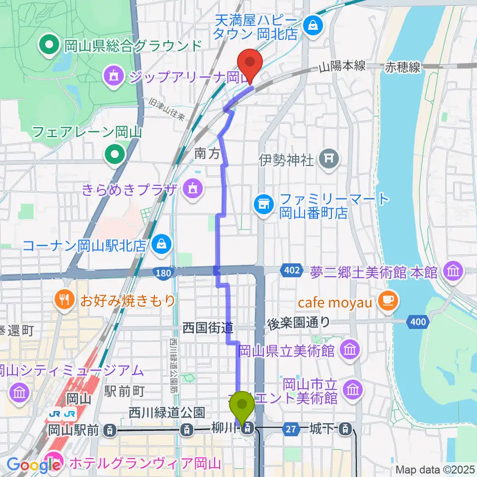 柳川駅からSTUDIO S-FORCEへのルートマップ地図