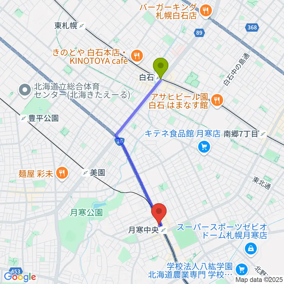 白石駅からミツノ楽器へのルートマップ地図