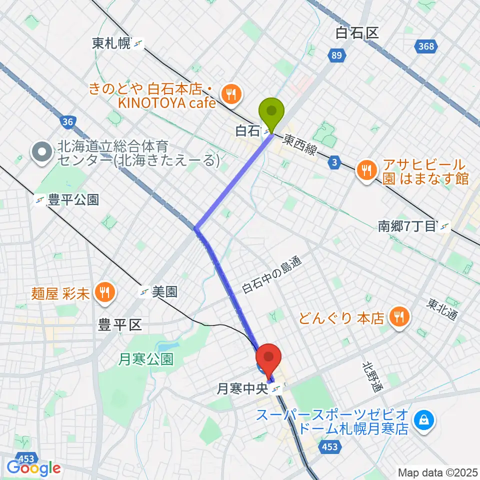 白石駅からミツノ楽器へのルートマップ地図