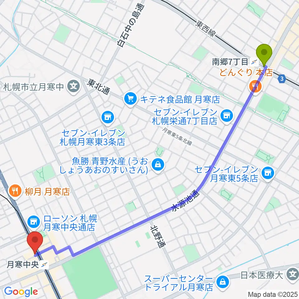 南郷７丁目駅からミツノ楽器へのルートマップ地図