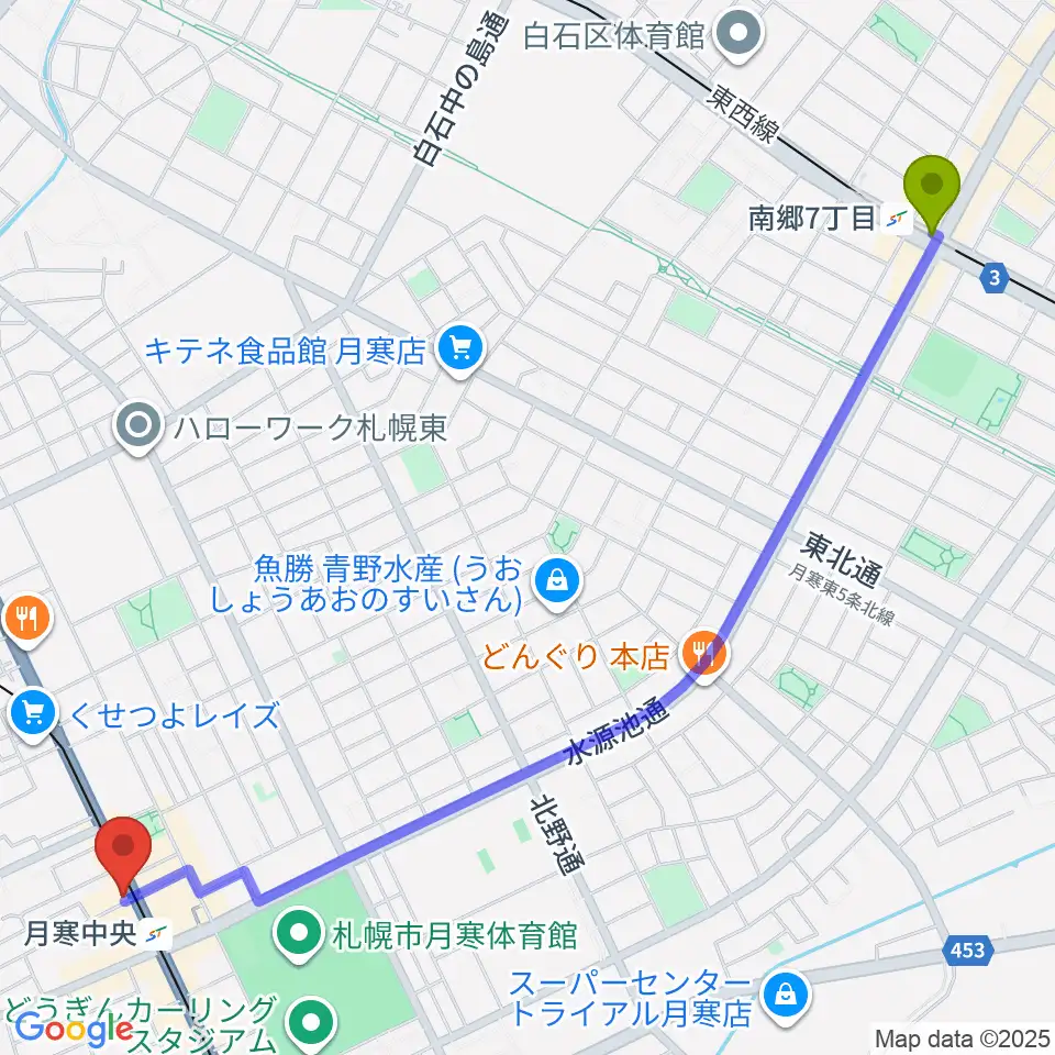 南郷７丁目駅からミツノ楽器へのルートマップ地図