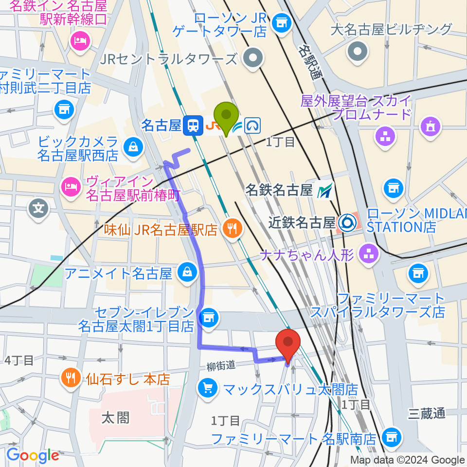 邦楽ラウンジ・和楽器スクールの最寄駅名古屋駅からの徒歩ルート（約8分）地図