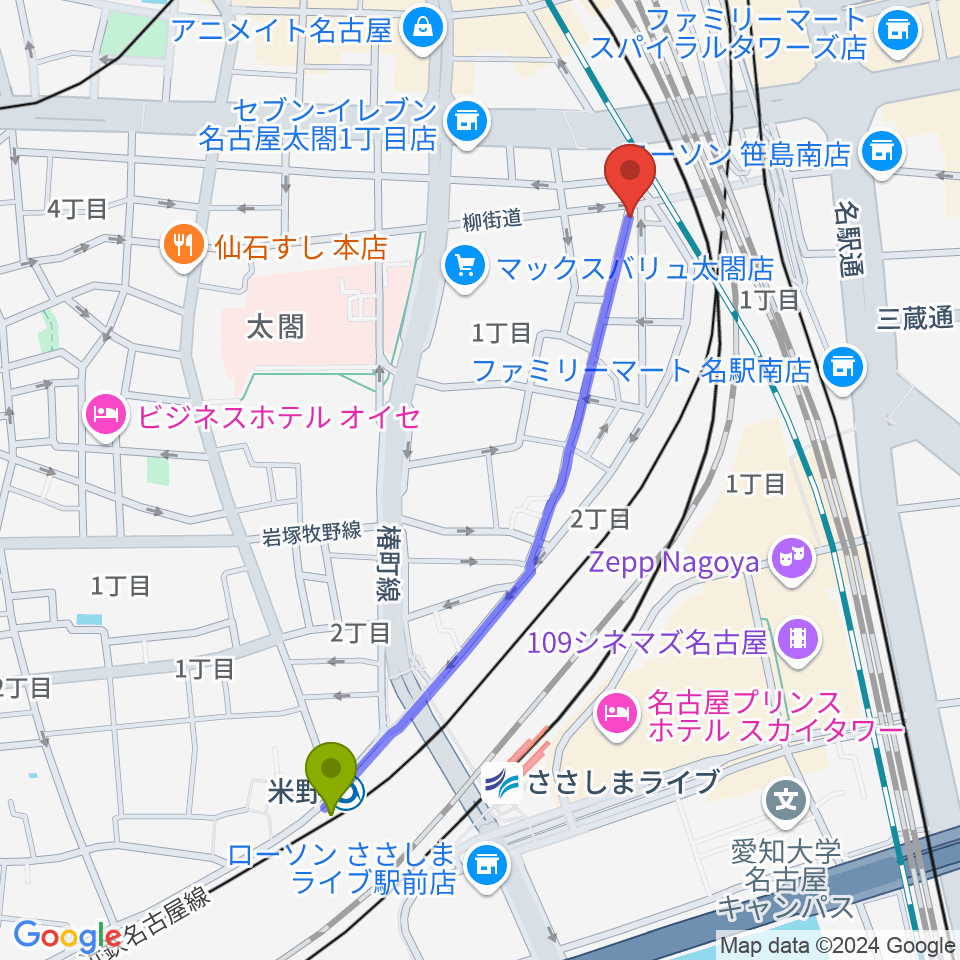 米野駅から邦楽ラウンジ・和楽器スクールへのルートマップ地図