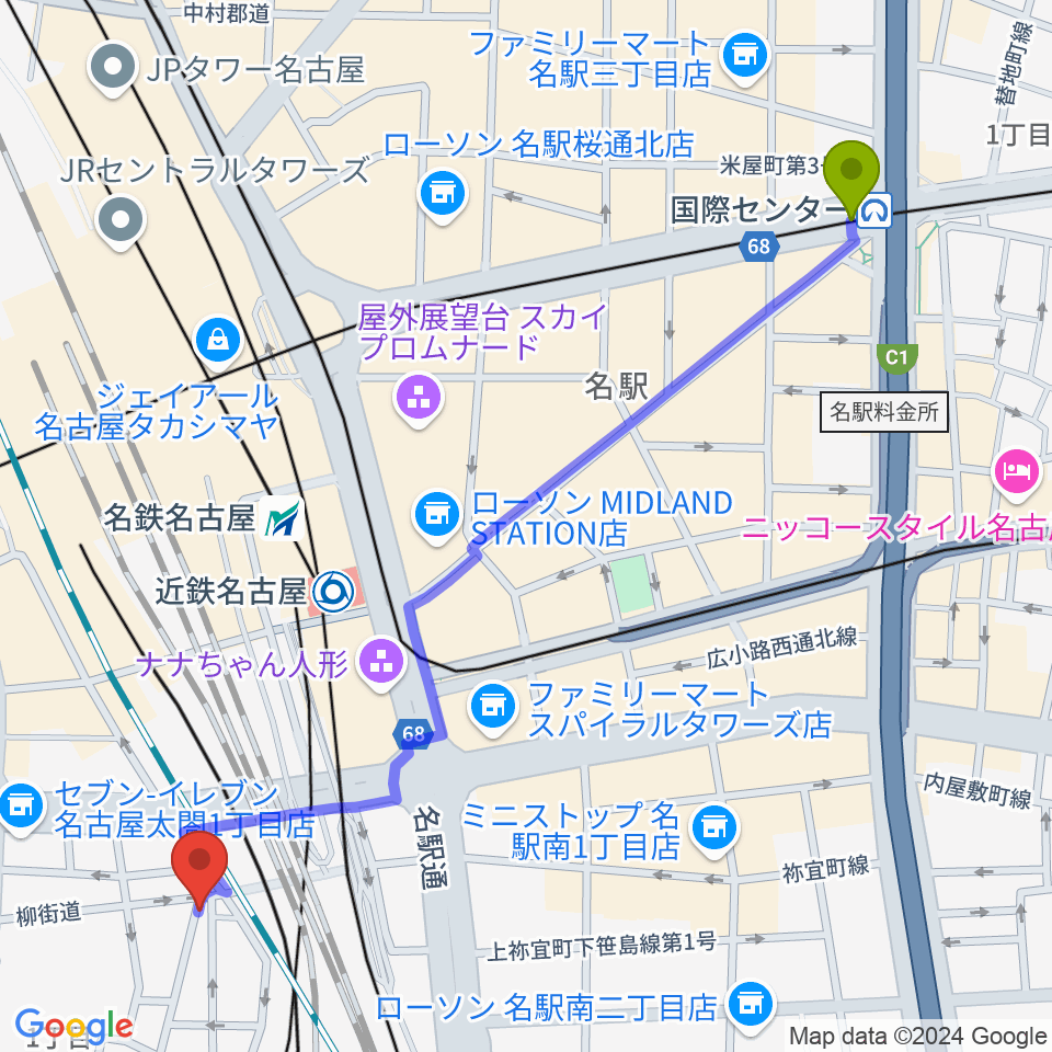 国際センター駅から邦楽ラウンジ・和楽器スクールへのルートマップ地図