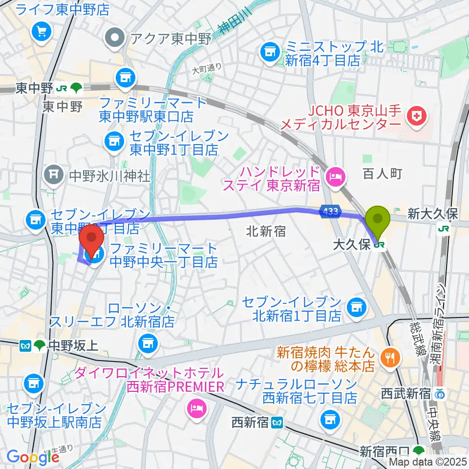 大久保駅からIPC VOICE STUDIOへのルートマップ地図
