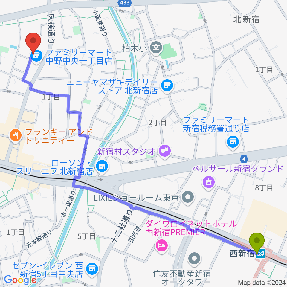 西新宿駅からIPC VOICE STUDIOへのルートマップ地図