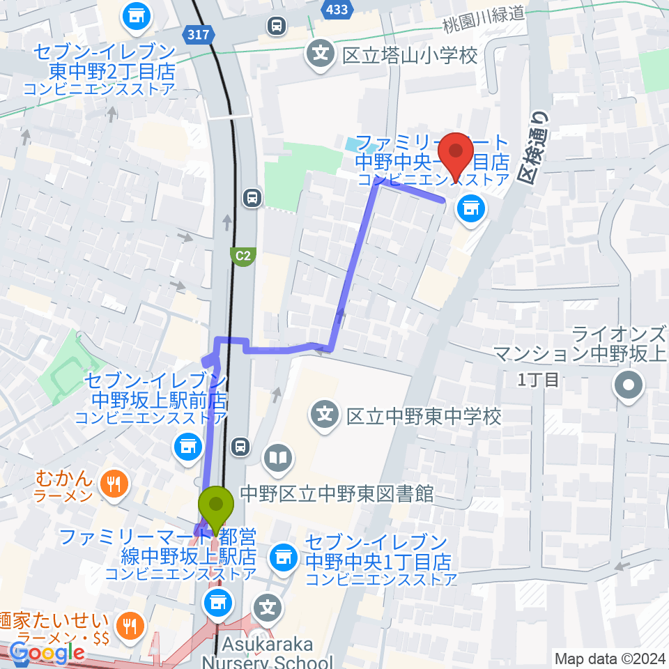 IPC VOICE STUDIOの最寄駅中野坂上駅からの徒歩ルート（約5分）地図