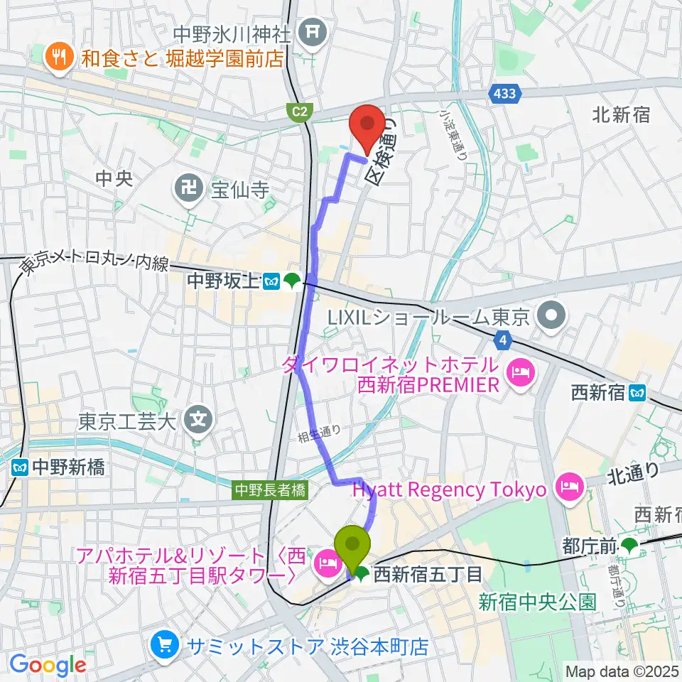 西新宿五丁目駅からIPC VOICE STUDIOへのルートマップ地図