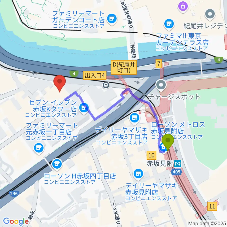 スタジオ・カピートの最寄駅赤坂見附駅からの徒歩ルート（約4分）地図