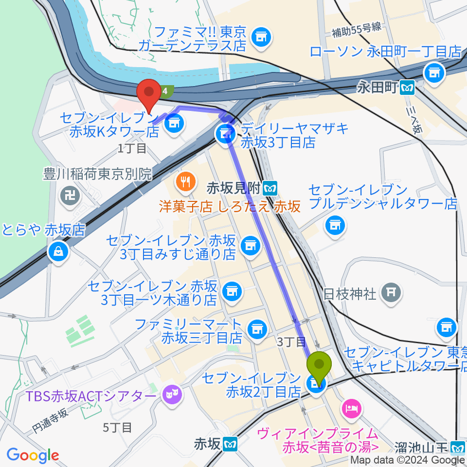 赤坂駅からスタジオ・カピートへのルートマップ地図