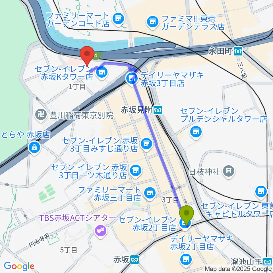 赤坂駅からスタジオ・カピートへのルートマップ地図