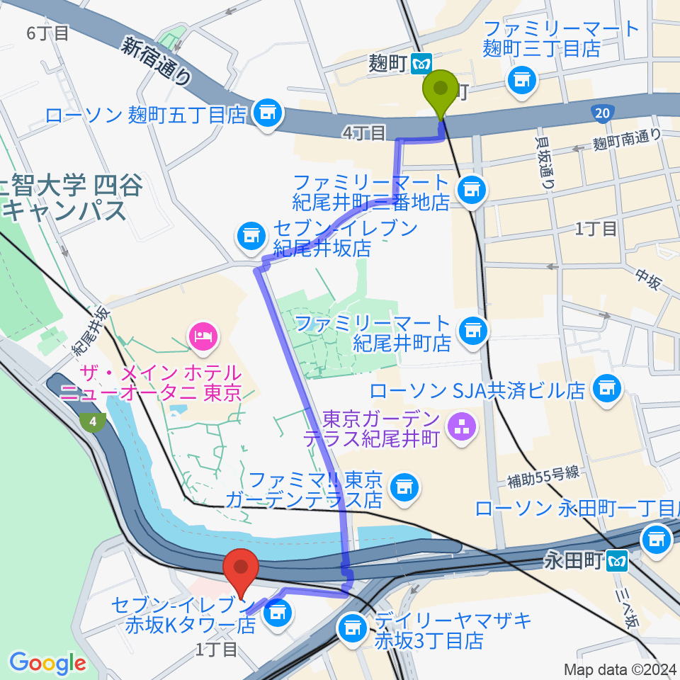 麹町駅からスタジオ・カピートへのルートマップ地図