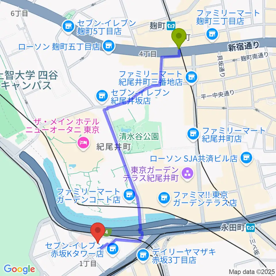 麹町駅からスタジオ・カピートへのルートマップ地図