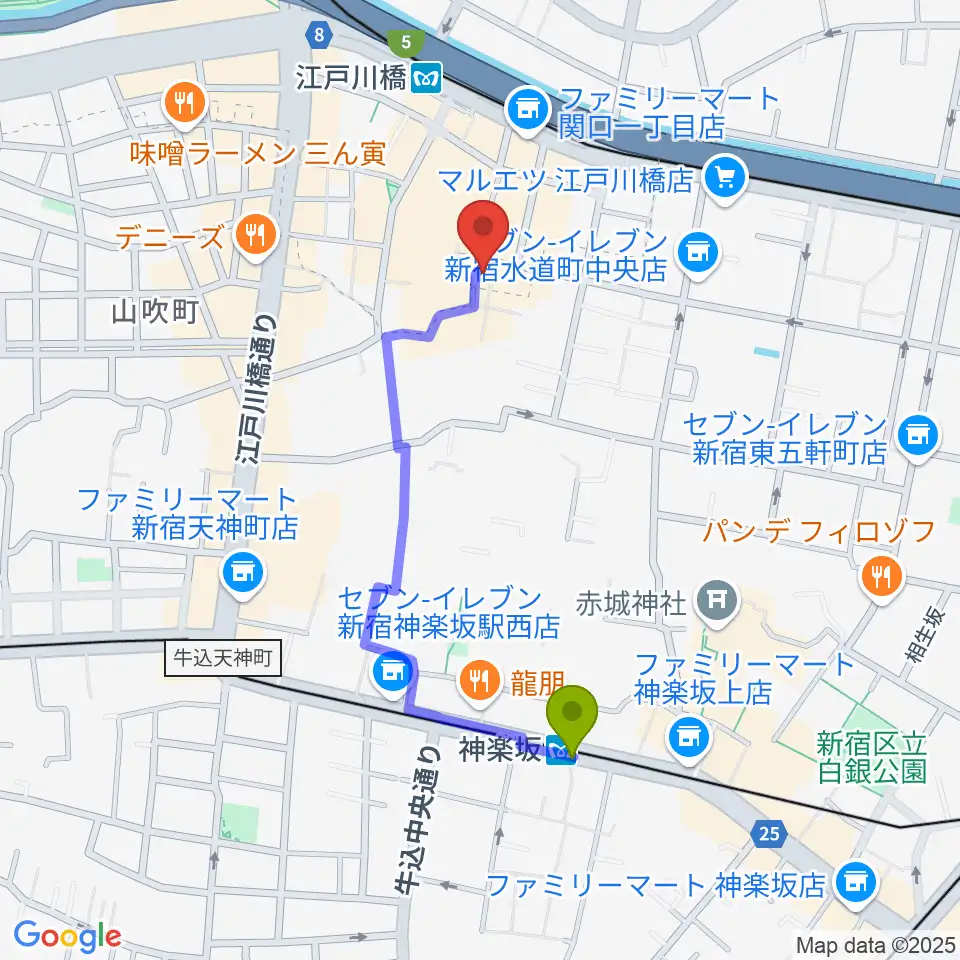 神楽坂駅からピアノパッサージュへのルートマップ地図